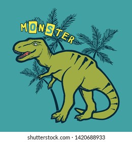 Dinosaur and palm trees. Vector illustration, design of wild animals, reptiles, for printing on fabric, clothing, printing, postcards. Cute baby background.