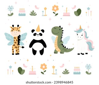 Dinosaur, panda, unicorn, giraffe with. Vector set with animals in cartoon style. Vector collection with dinosaur with wings, panda, unicorn pink, giraffe with wings.