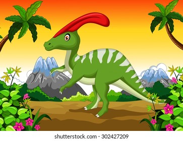 Dinosaur Parasaurolophus cartoon in the jungle