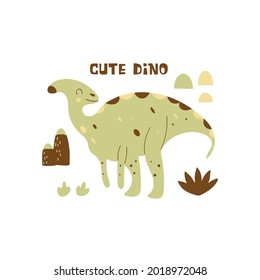 Dinosaur parasaurolophus. Hadrosaurus. Large extinct ancient herbivorous reptile with a crest on its head, Jurassic. Print or poster. Colorful vector isolated illustration hand drawn. Cute dino