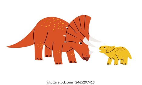 Padres e hijos de dinosaurios, madre y bebé lindos dinosaurios Triceratops, Ilustración vectorial aislada dibujada a mano en diseño plano infantil