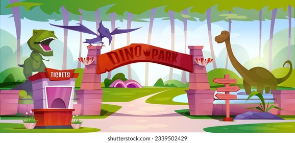 Dinosaur park banner. Horizontal poster with zoo outdoor with tyrannosaurus, pterodactyl and diplodocus. Dino garden with redators and herbivores of jurassic era. Cartoon flat vector illustration