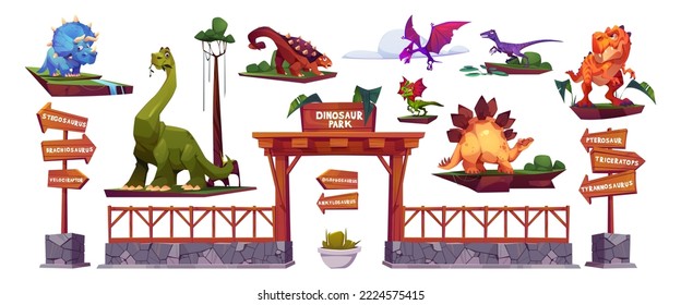 Dinosaur park cartoon characters, arrow signboards and gates. Stegosaurus, tyrannosaurus, diplodocus and triceratops, pterodactyl, brachiosaurus or velociraptor with pterosaur isolated vector set