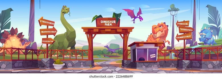 Dinosaur park with cute animals of jurassic era. Tropical landscape with dino garden with wooden arch, signboards, fence and cashier booth, vector cartoon illustration