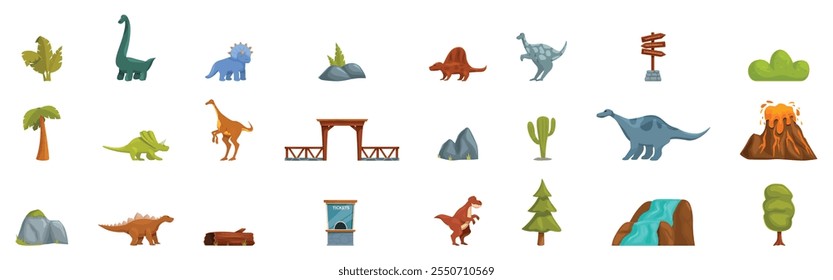 Dinosaur park icons set. Cartoon dinosaurs roam among lush vegetation, volcanoes, and park structures, offering a glimpse into prehistoric life and family entertainment