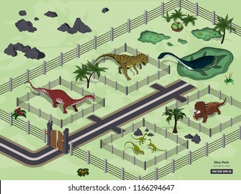 Dinosaur park in isometric style. Jurassic museum. Zoo of 3d ancient animals. Vector illustration