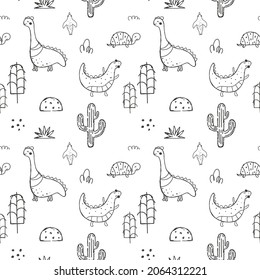 Dinosaur park seamless pattern in hand drawn doodle style. Vector illustration. Print for fabric, children's clothing, posters, packaging.