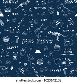 dinosaur party birthday celebration doodle hand drawn vector line seamless pattern