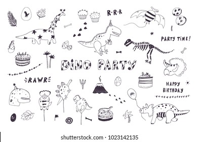 dinosaur party birthday celebration doodle hand drawn vector line illustrations set