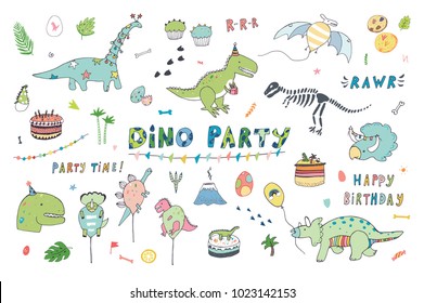 Dinosaur Party Birthday Celebration Doodle Hand Drawn Vector Illustrations Set