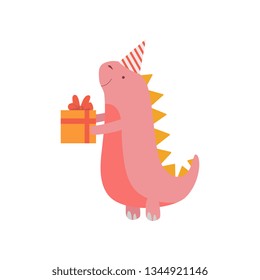Dinosaur in Party Hat with Gift Box, Cute Colorful Dino Character, Happy Birthday Party Design Element Vector Illustration