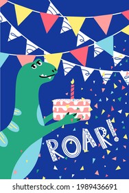 Dinosaur party invitation card template for children birthday. Colorful vector illustration. Poster decorated with cute dino, flags and confetti