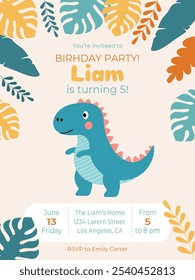 Dinosaur party invitation template for kids vector illustration. Time and address information in cartoon greeting card design for boy. Bright decorations. Child birthday celebration concept