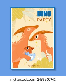 Dinosaur party poster. Family of orange dinos. Invitation and greeting postcard to birthday. Jurassic and prehistoric animals. Flat vector illustration isolated on blue background