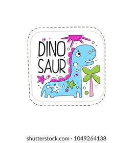 Dinosaur patch badge, cute cartoon animal sticker hand drawn vector Illustration on a white background