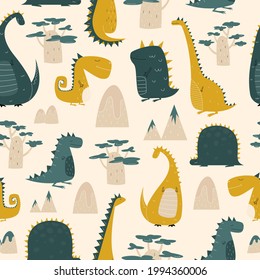Dinosaur pattern for childrens backgrounds. Dino prints for nursery in cartoon style. Vector stock illustration