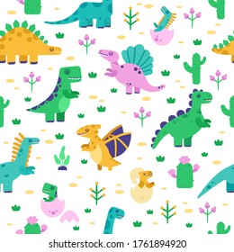 Dinosaur pattern. Cute dino doodle pattern, dinosaurs hand drawn tyrannosaurus, pterodactyl background, jurassic park vector seamless illustration. Background seamless pattern with prehistoric animals