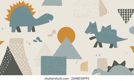 Dinosaur pattern features cute teal dinosaurs walking across beige landscape background