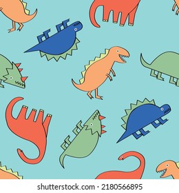dinosaur pattern, fun and cute cartoon illustration in bright cool colours