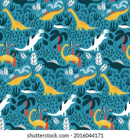 Dinosaur pattern for kids fabric or nursery wallpaper. Blue detailed background with jungle, palms and tropical leaves. White and green dinos on repeated vector tile