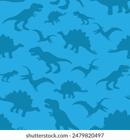 Patrón de dinosaurio sobre un fondo azul. Cuenta con siluetas de varios dinosaurios, perfectas para los diseños de los niños, Fondos de pantalla, telas y materiales educativos. Tema lúdico y prehistórico. Imagen de Vector