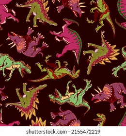 Dinosaur pattern on dark brown background in handrow style for print and design.Vector illustration.