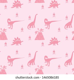 dinosaur pattern pink fire volcano girl tee illustration art vector