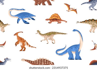 Dinosaur pattern. Seamless background design, repeating dino print, texture. Extinct animals of Jurassic period textile. Printable flat vector illustration for decoration, fabric, wallpaper, wrapping