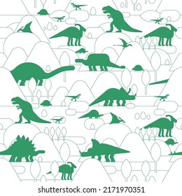 Dinosaur pattern seamless. Dino background. Dinosaurs and ancient landscape texture. Baby fabric ornament