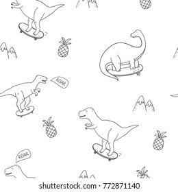 Dinosaur pattern. Vector  illustration. Cool dinosaur on skateboard