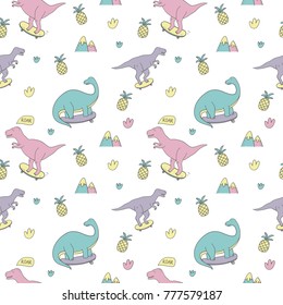 Dinosaur pattern. Vector  illustration. Cool dinosaur on skateboard