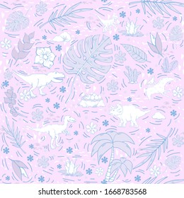 Dinosaur pattern vector illustration.Hand draw Jurassic Period Wild  reptile animal dragon characters with palm,tree,flowers