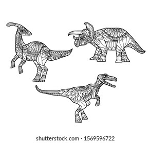 Dinosaur pattern.
Zentangle stylized cartoon isolated on white background. 
Hand drawn sketch illustration for adult coloring book. 
