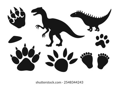 Dinosaur paw. Monster lizard footprint, dino black silhouette footstep set flat vector illustration on white background