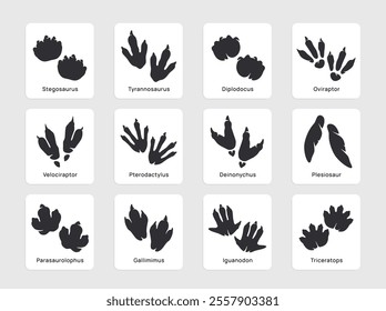 Dinosaur paw set. Paleontology icons with dino black silhouette footstep or lizard footprint. Paw shapes of ancient animals and creatures. Flat vector illustration collection isolated on background