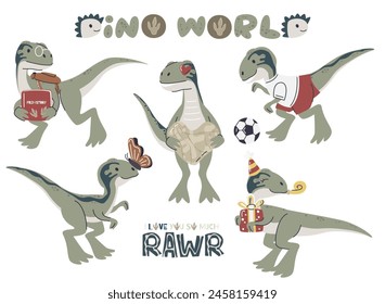 Dinosaur personage sticker collection isolated on white. Dino baby animal as schoolboy, playing soccer and birthday boy. Velociraptor childish character set. Dino hand drawn flat vector illustration