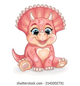 Dinosaur pink baby triceratops. Cute cartoon character. Vector illustration isolated on white background. For print, design, advertising, stationery, t-shirt and textiles, decor, sublimation.