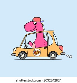 dinosaur pink cute drive car delivery food.vector and illustration.