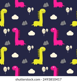 Dinosaur pink and green cartoon so cute. On mountain tree cloud background. Pattern seamless vector illustration. 