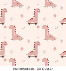 Dinosaur pink play skateboard cartoon so cute. On balloon flower pink background. Pattern seamless vector illustration. 
