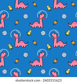 Dinosaur pink spaceman cartoon so cute. On planet star rocket blue background. Pattern seamless vector illustration. 