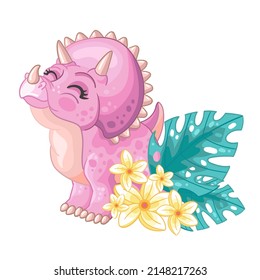 Dinosaur pink triceratops with exotic plants. Cute cartoon character. Vector illustration isolated on white background. For print, design, cards, stationery, t-shirt and textiles, decor, sublimation.