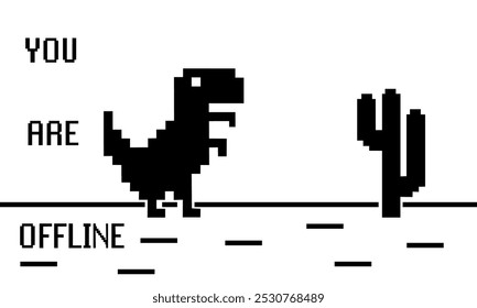 Dinosaur pixel. 8-Bit art. You are offline. Error for Internet and app