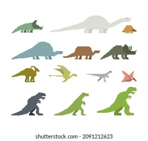 Dinosaur pixel art Set. Ancient animal. Diplodocus and Stegosaurus, Pterosaur. Ankylosaurus and triceratops. Styracosaurus and Iguanodon, Apatosaurus. Tyrannosaur and Panoplosaurus. Pterodactyl  