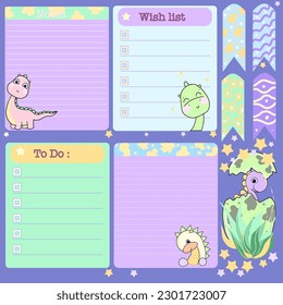 Dinosaur Planner stickers. Signs, symbols, objects and templates for planners, invitations, notebooks, diaries and cards. dino, paper blank list, document , cardboard. 
Vector illustration