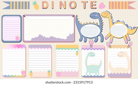 Emblemadores de Dinosaur Planner. Señales, símbolos, objetos y plantillas para planificadores, invitaciones, cuadernos, diarios y tarjetas. Memo personal, lista en blanco de papel, documento , cartón. 
Ilustración del vector