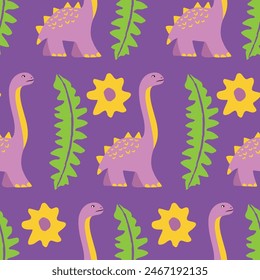 Dinosaur and plants seamless pattern illustration