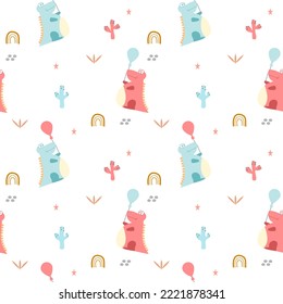 Dinosaur play balloon cartoon so cute.on cactus rainbow star white background.pattern seamless vector and illustration.