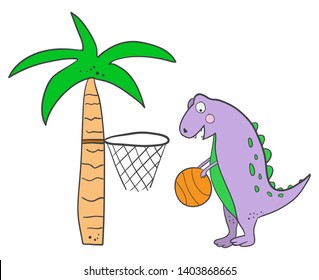 dinosaur play basketball. cute dinosaur doing sports. Hand drawn illustration. Funny character for kids. Pencil texture