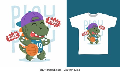 Dinosaur play basketball hand drawn, ready for print on t-shirt and other uses.